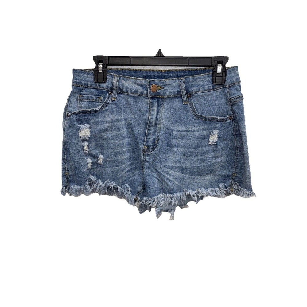 Falmer Heritage Jean Shorts Distressed Fringe Hem Whisker Denim Medium Wash L